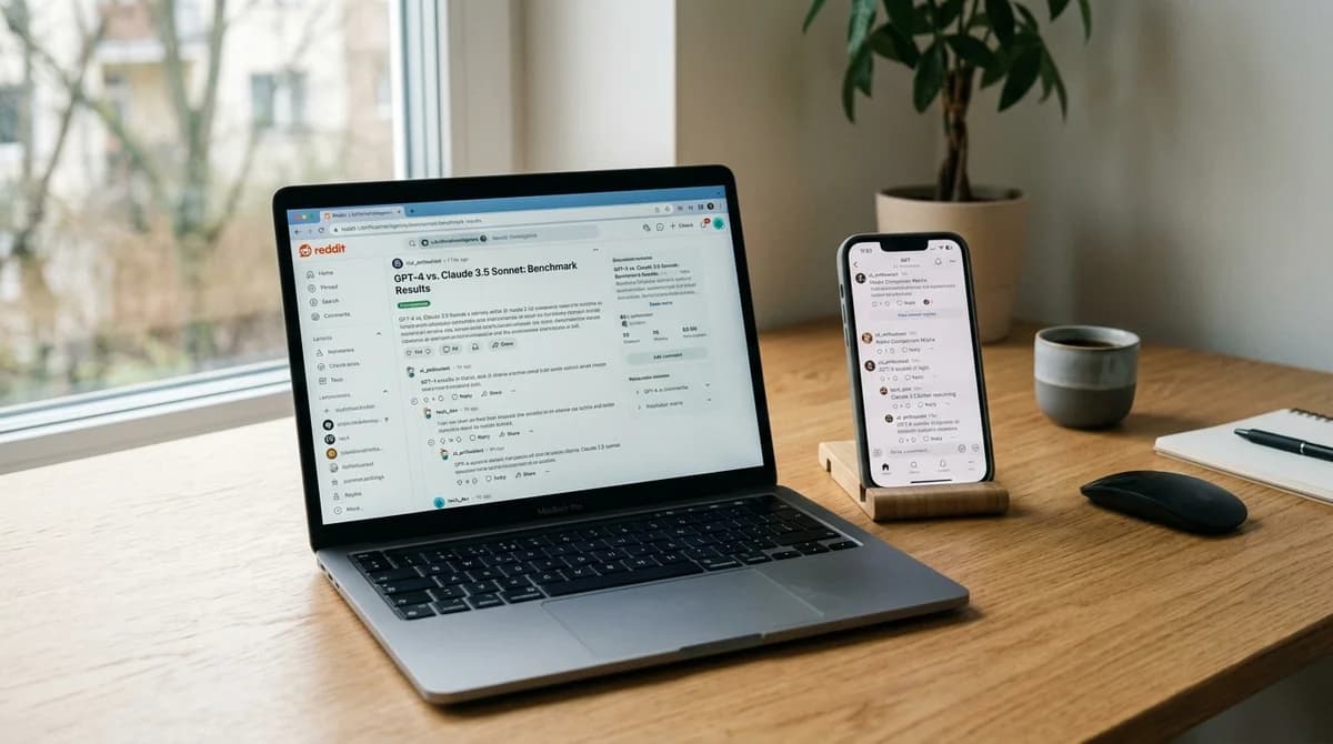 A smartphone and laptop side by side showing AI model discussion threads