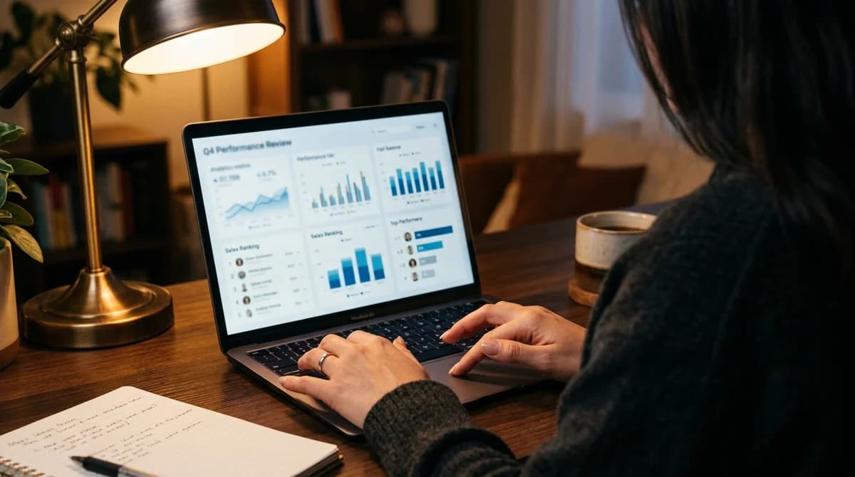 Looking over a shoulder at blurred benchmark charts on a laptop screen