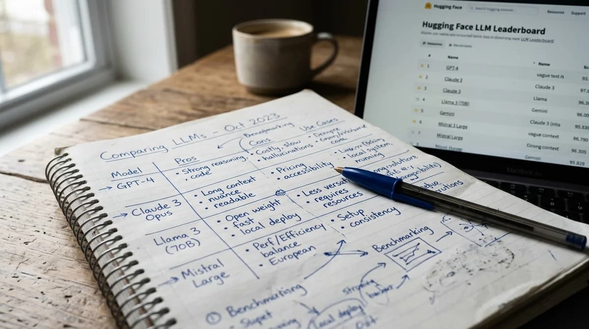 Notebook with handwritten notes comparing AI models, laptop showing a leaderboard out of focus in the background