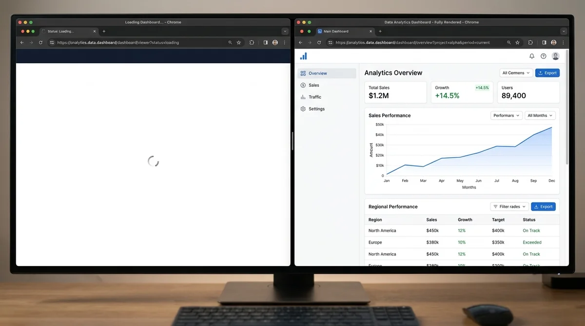 Two browser windows side by side: an empty SPA shell on the left, fully rendered server-side HTML on the right